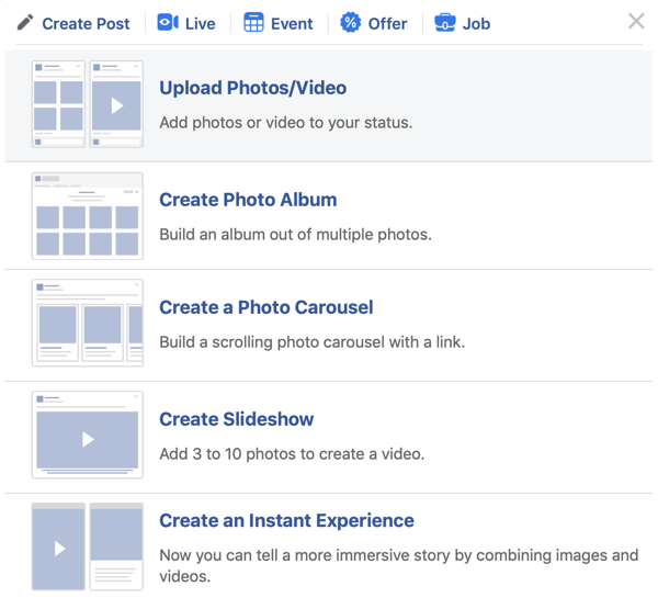 Как настроить Facebook Premiere, шаг 2, вариант загрузки фото / видео
