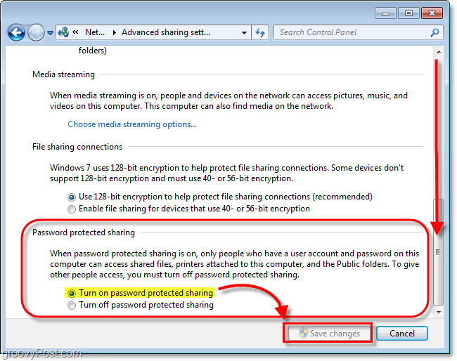 включить защиту паролем локально общих файлов в Windows 7