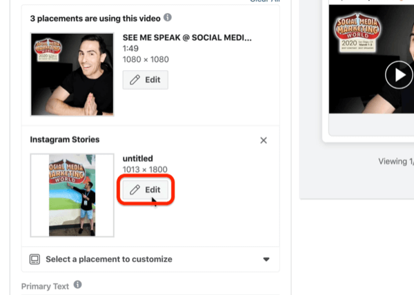 редактировать размещение Instagram Stories в Facebook Ads Manager