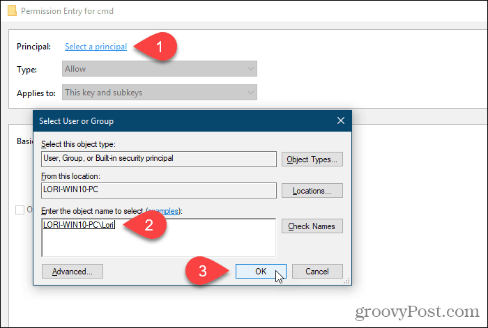 Нажмите Выбрать участника и выберите пользователя или группу для разрешений в реестре Windows.