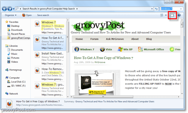 используйте панель предварительного просмотра Windows 7 для просмотра веб-сайтов через поисковый соединитель в окне обозревателя.