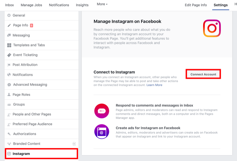 как подключить страницу Facebook к бизнес-аккаунту Instagram в настройках страницы Facebook