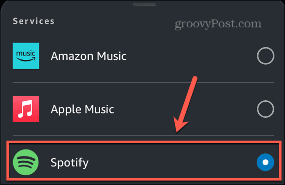 Alexa выберите Spotify в качестве службы по умолчанию