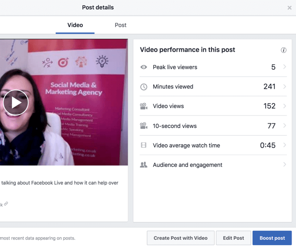 Выберите видео в своей видеотеке Facebook, чтобы увидеть показатели производительности.