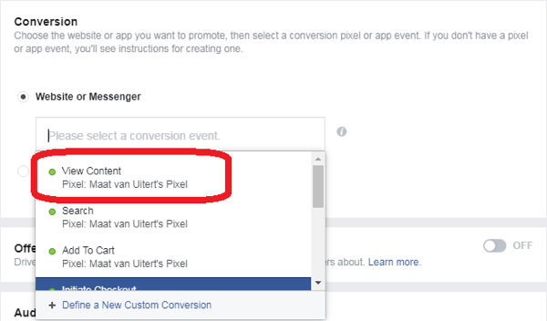 Если вы выбрали Конверсии в качестве рекламной цели Facebook Messenger, выберите событие конверсии.