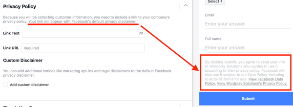 Пример политики конфиденциальности, включенной в параметры ведущей рекламной кампании Facebook.