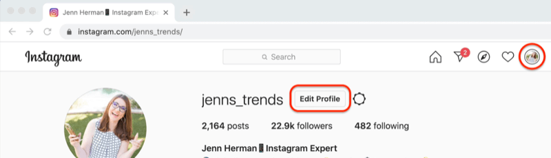 снимок экрана профиля Instagram с выделенной кнопкой "изменить профиль"