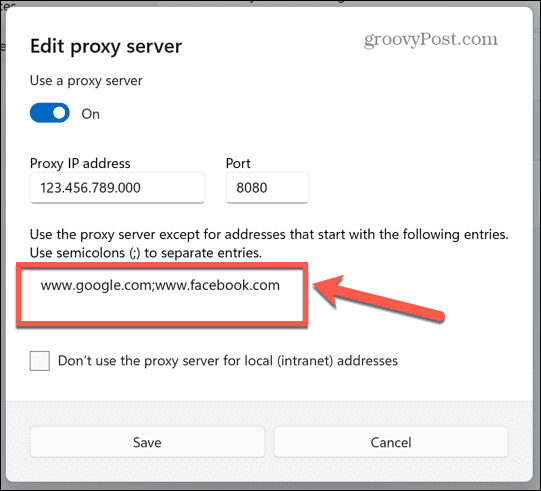 исключения прокси-сервера Windows