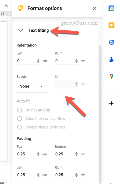 Изменение параметров подгонки текста для таблицы Google Slides