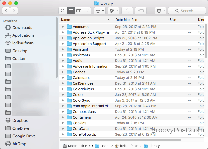 Папка библиотеки в домашней папке в Finder на Mac