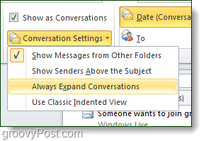 Настройки разговора в Outlook 2010