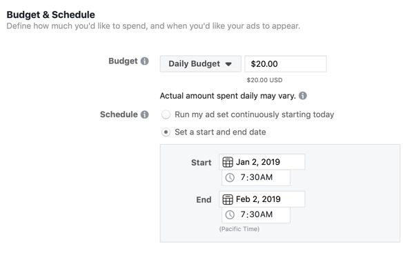 Варианты бюджета и расписания для ведущей рекламной кампании Facebook.