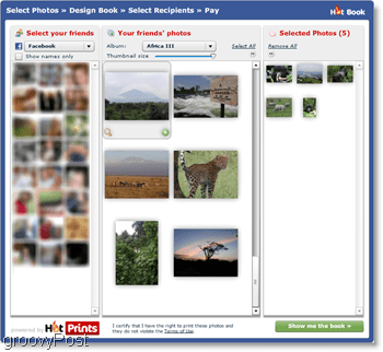 HotPrints позволяет выбирать из ваших загруженных фотографий или фотографий из друзей на Facebook