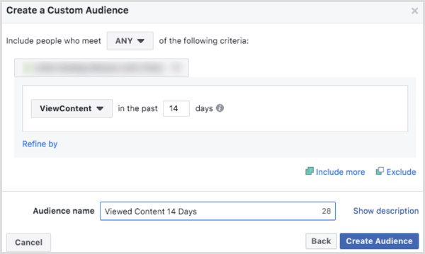 Выберите параметры для создания веб-сайта с настраиваемой аудиторией Facebook на основе события ViewContent 