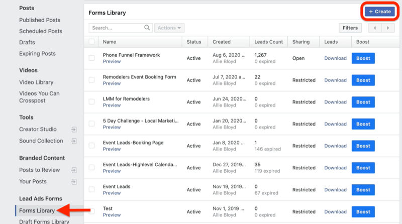 меню инструментов публикации бизнес-менеджера facebook с библиотекой форм, выделенной под формами потенциальных клиентов, с выделенной кнопкой создания