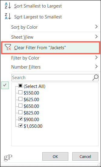 Очистить фильтры в Excel