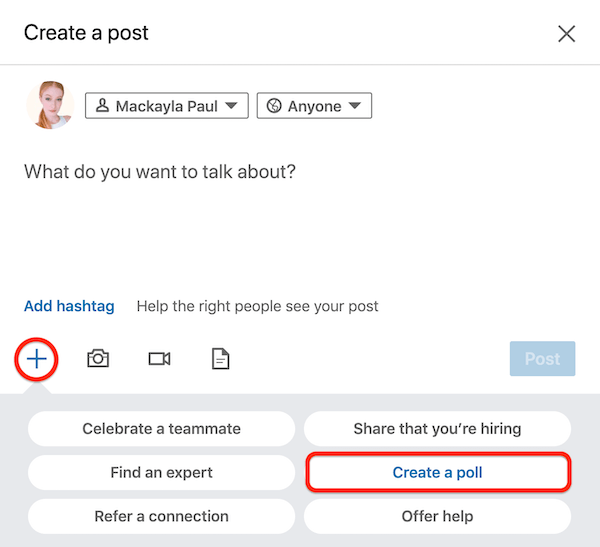 LinkedIn Диалоговое окно создания публикации с опцией создания опроса
