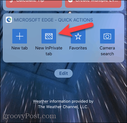 Нажмите Новая вкладка InPrivate на виджете Edge на iOS.