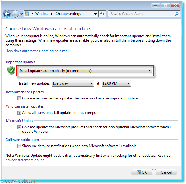 Windows 7 - Скриншот меню конфигурации Центра обновления Windows