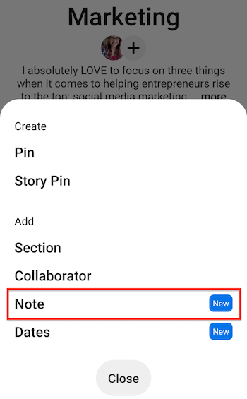 Снимок экрана мобильного устройства pinterest с параметрами меню создания / добавления, показывающими выделенный параметр заметки