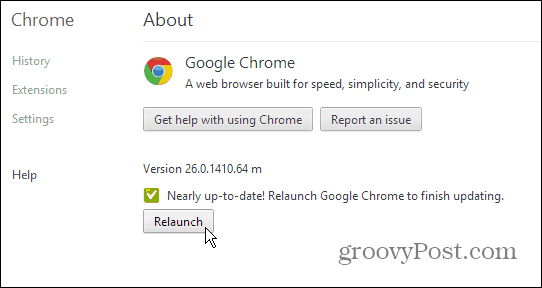 Страница Google Chrome - обновление и повторный запуск