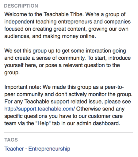 В описании группы Facebook Teachable прямо заявляет, что его группа в Facebook предназначена для создания сообщества.