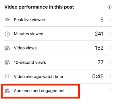 Нажмите «Аудитория и участие», чтобы просмотреть более подробную статистику видео в Facebook.