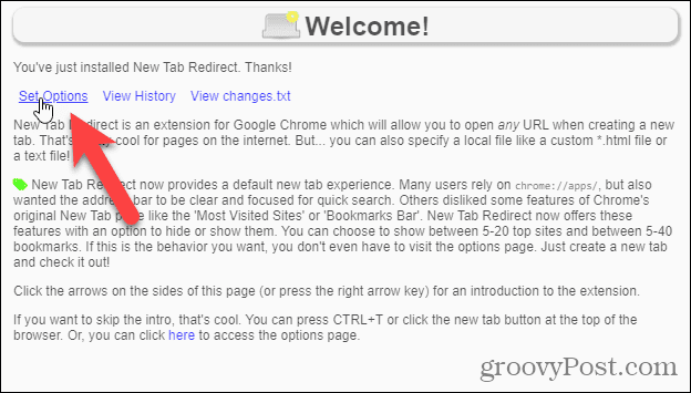 Нажмите Задать параметры на странице расширения New Tab Redirect, которая открывается на новой вкладке.