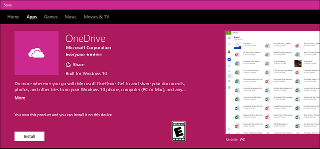 Приложение OneDrive для Windows 10