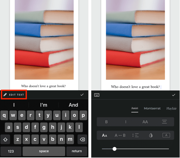 Создайте шаг 5 разворачиваемой истории Instagram, показывающий варианты редактирования текста.
