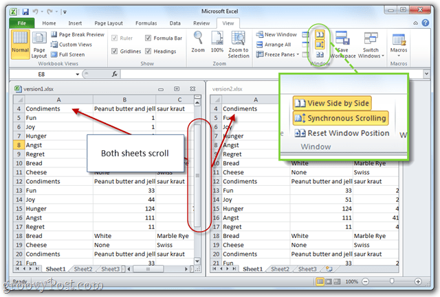 синхронизированная прокрутка с MS Office 2010 Excel
