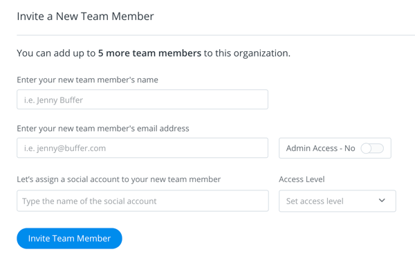 Заполните данные приглашения для человека, которого вы хотите добавить в свою команду Buffer.