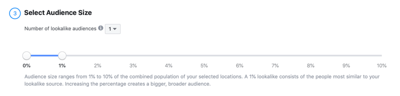 выберите размер аудитории для похожих на Facebook