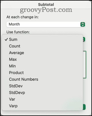 Различные функции, доступные в диалоговом окне «Промежуточный итог» в Excel