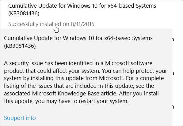 Второе накопительное обновление от Microsoft для Windows 10 (KB3081436)