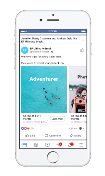 Facebook представил новый тип динамической рекламы путешествий под названием «Рассмотрение вопроса о поездке».