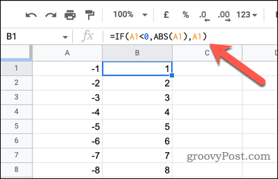 Использование оператора IF для преобразования отрицательных чисел в положительные в Google Sheets