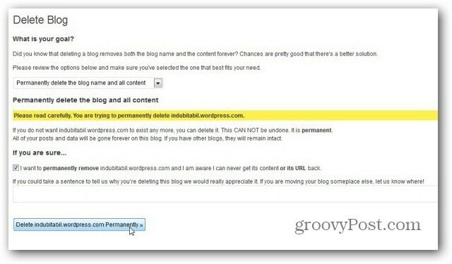 WordPress Com удалить блог окончательное подтверждение