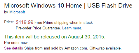 Предварительный заказ Windows 10 Retail USB Flash Drive от Amazon