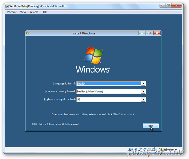 VirtualBox Windows 8 меню установки