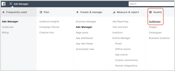 Панель управления аудиториями Facebook Ads Manager