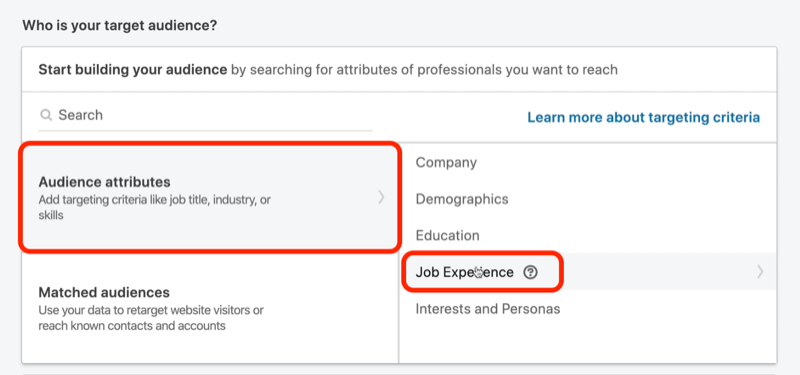 скриншот "Кто ваша аудитория?" раздел в настройках кампании LinkedIn