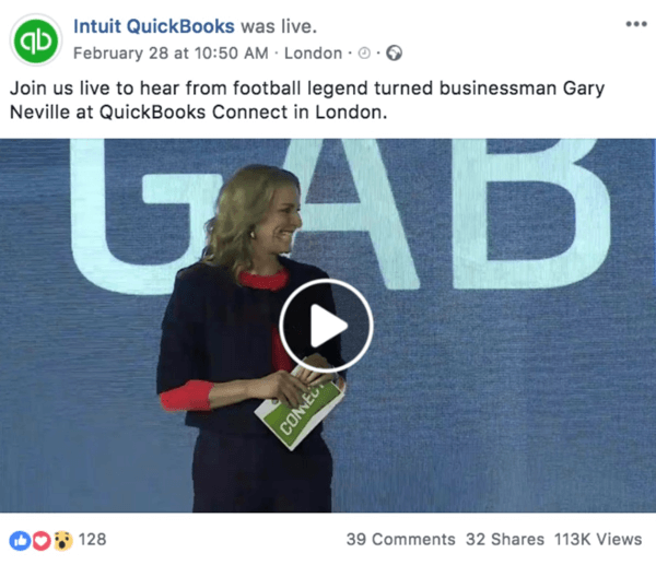 Пример публикации в Facebook, анонсирующей предстоящее прямое видео от Intuit Quickooks.