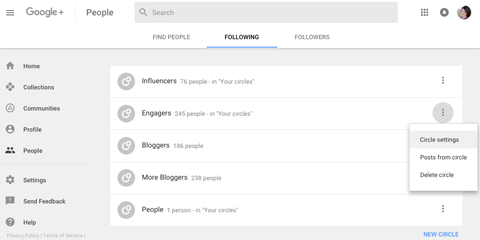 новый доступ к настройкам круга Google Plus
