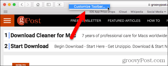 Выберите «Настроить панель инструментов в Safari для Mac».