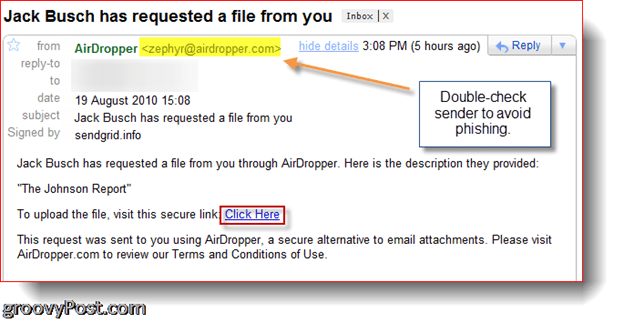 AirDropper Dropbox - файл запроса электронной почты