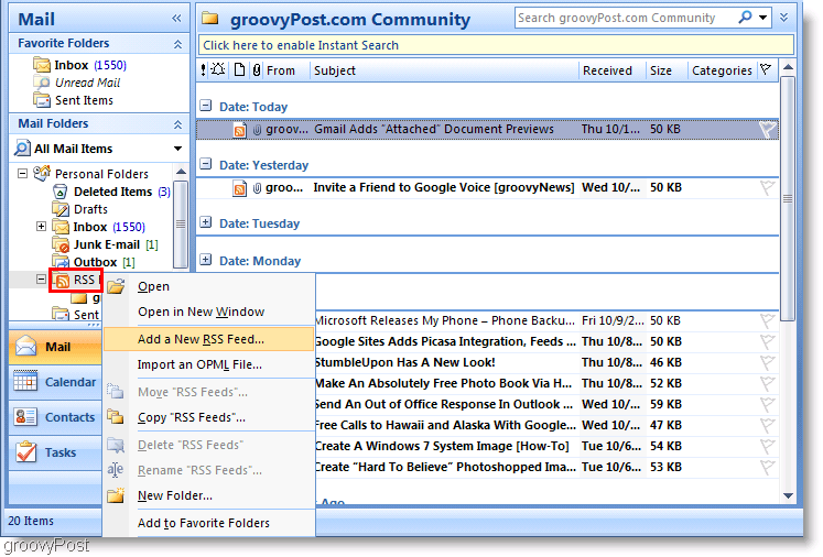 Снимок экрана Microsoft Outlook 2007 Добавить новый канал RSS