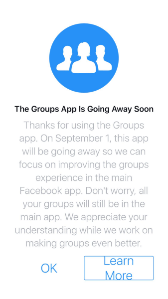 Facebook прекращает поддержку приложения Группы для iOS и Android после 1 сентября 2017 г.