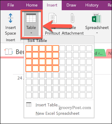 Вставка новой таблицы в OneNote