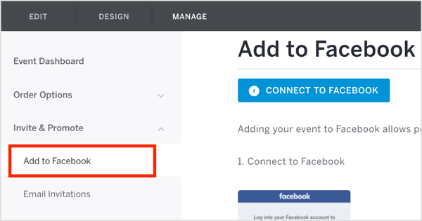 На вкладке «Управление Eventbrite» нажмите «Пригласить и продвигать» и в раскрывающемся меню выберите «Добавить в Facebook».